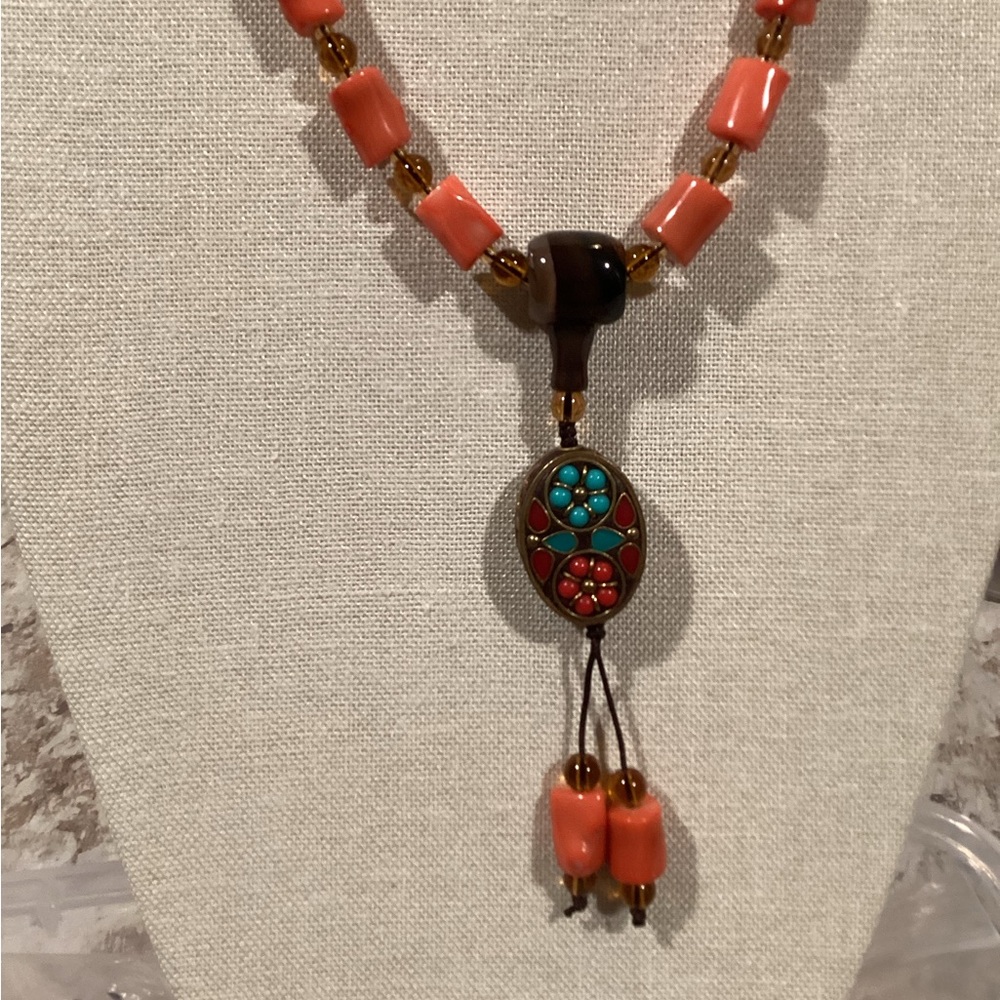 Artisan Coral and Turquoise Beaded Necklace with beaded tassel